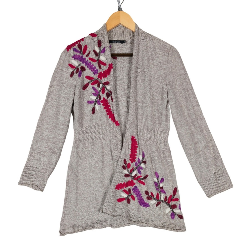 Nic + Zoe Womens Petite Large Oatmeal Floral Embroidered Open Front Cardigan PL
